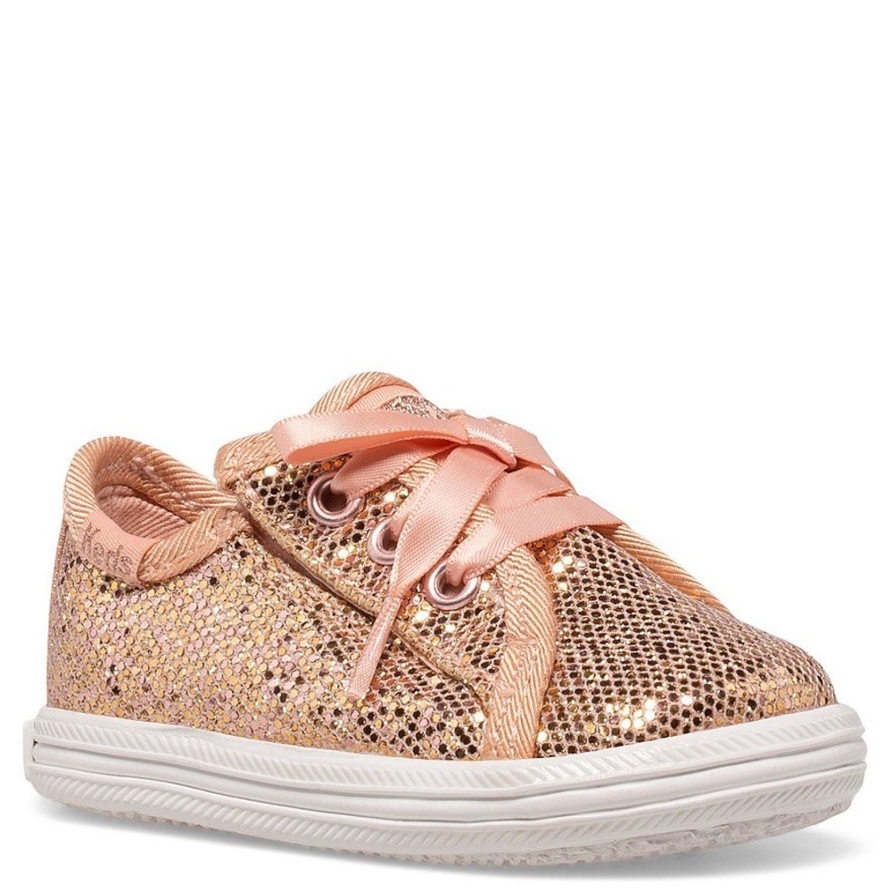 Keds Girls Rose Gold Glitter Sneakers with Satin Ribbon Laces Various Sizes